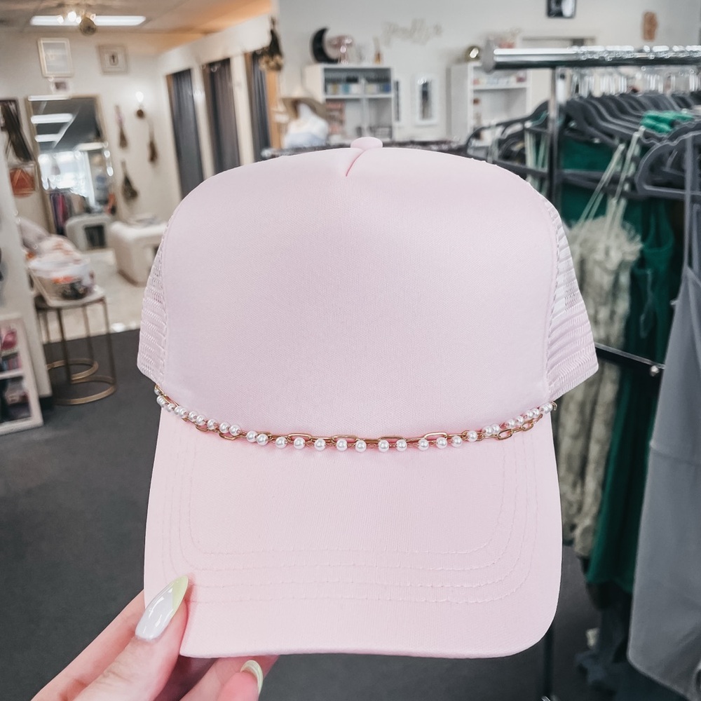 Pink Pearl-Embellished trucker hat